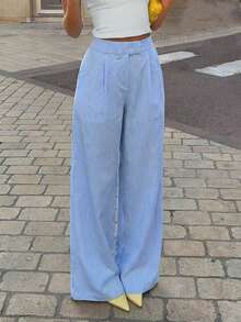 Firerie 女士优雅休闲简约通勤办公日常度假高腰阔腿直筒裤，蓝白条纹长裤 - 藍白色 - 查看 1