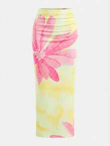 SHEIN Girlism Conjunto de top sin mangas con estampado floral tie-dye y falda ajustada para niña preadolescente, corte slim fit, casual, minimalista y cómodo - Mostaza Amarilla - Ver 5
