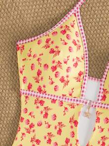 Swim Mod 2026 New Women's Summer Beach Vacation Plaid Floral Print Spaghetti Strap Hollow Back Sexy High Cut One-Piece Swimsuit - Multicolor - View 4