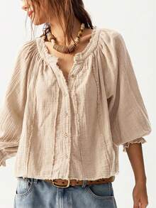 Bohemela 休闲纯色V领中袖宽松水洗女式衬衫 - 杏色 - 查看 8