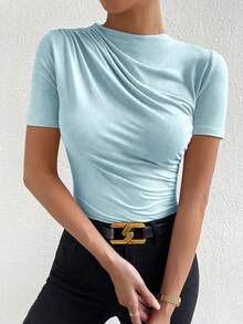 VaVaBold Body casual de verano de unicolor con fruncido - Azul - Ver 5