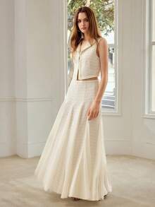 MOTF PREMIUM WOMEN'S TWEED CONTRAST BINDING SHORT VEST & GODET SKIRT 2 PIECES SET, SPRING/SUMMER - White - View 4