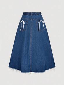 SHEIN MOD Plus Size Solid Color Pocket Fold Pleated Denim Mini Skirt,Fall,Office Gothic Alternative Skirt, Casual,Classy - Dark Wash - View 2