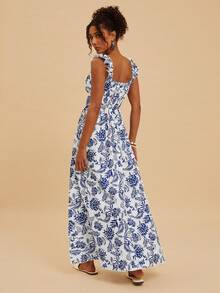 Travachic Women's Floral Print Ruffle Trim Front Tie Casual Dress - Blue and White - View 2