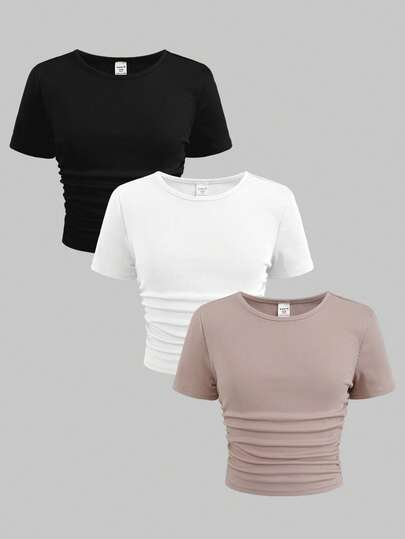 SHEIN 3pcs/Set Teen Girls' Casual Comfortable Fitted Crew Neck T-Shirts