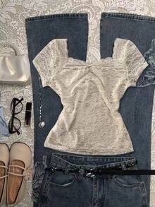 Glimmora 女士优雅纯色蕾丝蝴蝶结装饰衬衫，夏季 - 杏色 - 查看 2