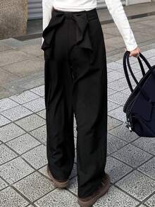 FRIFUL Quần ống rộng dáng suông màu trơn có nơ dành cho nữ - màu đen - Xem 3