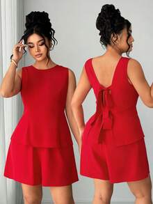 Elenzga 女士红色无袖两件套：露背蝴蝶结短款上衣+短裤，适合约会、购物、派对、通勤，时尚百搭 - 紅色 - 查看 5