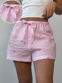 Aloruh Elegant Stripe Print Sweet Pink Bow Striped Low Waisted Elastic Pink Shorts, Casual Vacation Beach Simple And Comfortable Summer Shorts - Pink - View 4