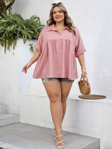 SHEIN CURVE+ Taglie curvy US22 Blusa stile francese con bottoni frontali, adatta per festival musicali, vacanze al mare, stile bohémien estivo. Tessuto confortevole e strutturato, casual e ampia, maniche corte, ideale per vacanze, spiaggia, laurea, tea festa, uscite. - Rosa antico - Visualizzare 7