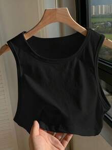 Comfortcana Women's Solid Color Cropped Black Tank Top, Summer,Summer Top - Black - View 3