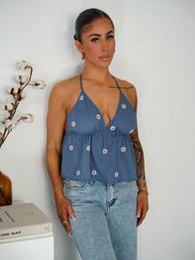 SAYEHFBABY 女式夏季度假花卉刺绣全身印花细肩带休闲背心 - 藍色 - 查看 1