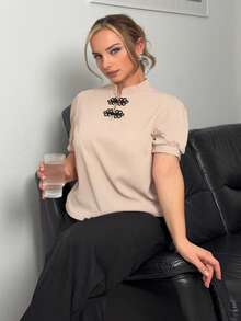 Jeta Ari 女士优雅浪漫约会泡泡袖拼接纽扣衬衫，春夏，情人节 - 杏色 - 查看 1