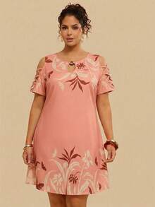 Travachic Plus Size Women Floral Print Casual Short Sleeve Dress - Multicolor - View 4