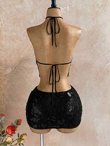 Soleia 女士度假沙滩亮片露背吊带上衣和迷你裙两件套 - 黑色 - 查看 2