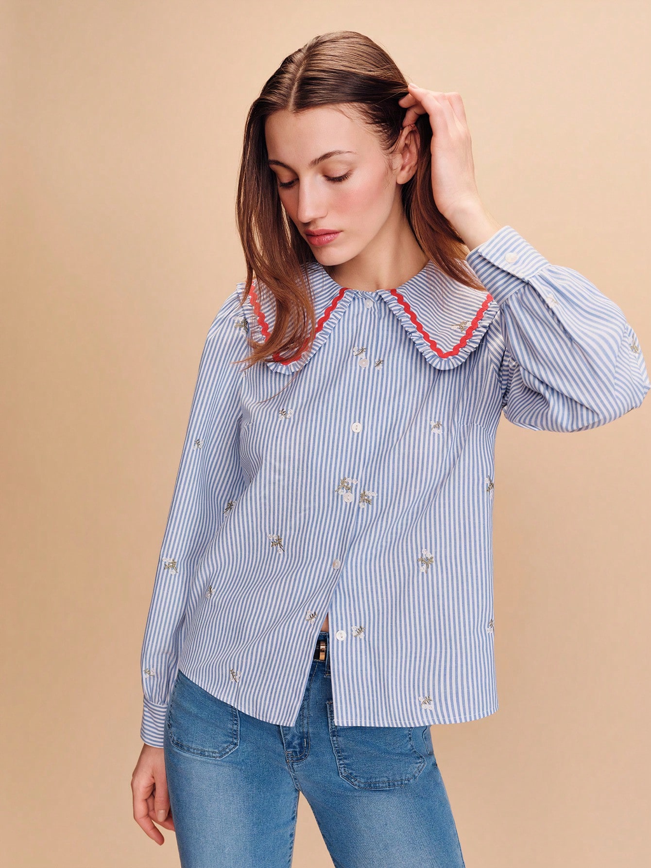 Blue Embroidered Shirt With An Oversized Collar And Contrasting Red Lace Trim Spring Summer French Style Parisian Style Business Casual