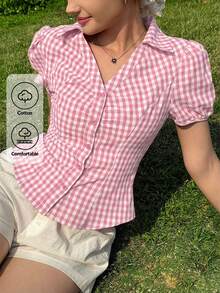 CovetEZ Women's Summer Casual Holiday Pink & White Plaid Short Petal Sleeve Single-Breasted Lapel Waist Casual Shirt - Pink - View 2