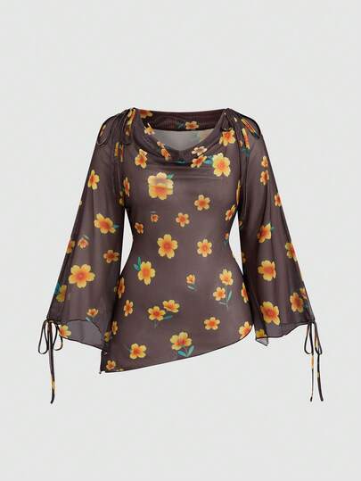 Rometta 大码女式优雅简约日常约会假日咖啡色印花系带衬衫