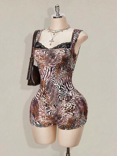 SHEIN ICON 女士时尚性感动物纹紧身连体衣