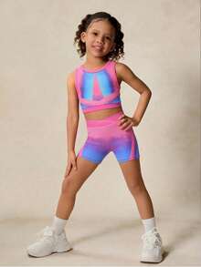 女童无袖炫彩背心短裤套装，运动服，适合度假、运动、户外活动，四季皆宜，儿童健身服，女童运动套装，女童骑行短裤套装，女童运动服 - 彩色 - 查看 4