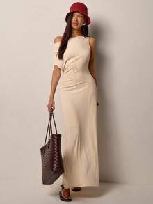 COSMINA Women's Long Dress, Oblique Shoulder Dress, Knitted Elastic Dress, Elegant Dress, Apricot Dress, Casual Daily Summer Dress - Apricot - View 1