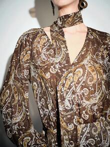 SHEIN Luminelle 复古法式系带A字连衣裙，显瘦 - 棕色 - 查看 4