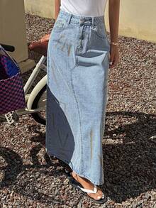 DAZY Distressed Print Loose A-Line Maxi Denim Skirt, Casual Summer Vacation For Women - Blue - View 6