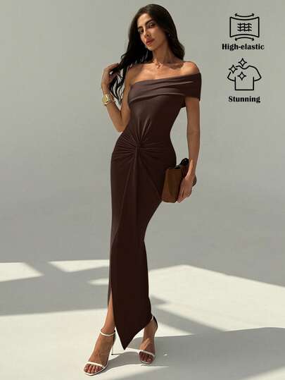 Aloruh 优雅露肩扭腰装饰修身高开叉连衣裙