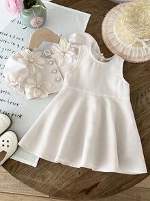 LMoss Kids Baby Girl Woven Solid Color Sleeveless Dress With Cardigan, 2 Piece Set - Apricot - View 7
