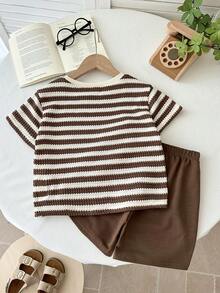 LMoss Kids 2pcs/Set Young Boy Striped Knit Crew Neck Casual T-Shirt And Shorts Set - Multicolor - View 2