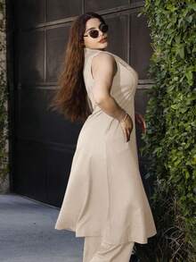 Lupita Cardoza 2 Pcs Set: Elegant Commuter Sleeveless Lapel Waist Flare Maxi Jacket And Long Pants - Apricot - View 2