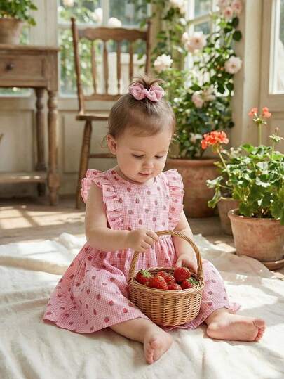 Baby GirlSweet Cute Pink & White Plaid Strawberry Print Woven Fabric Round Neck Drawstring Design Back Collar Open Water Drop Mushroom Button Decorative Cap Sleeve Knee-Length Dress Baby Girl Pink Summer Dress Strawberry Baby Dress Pink Strawberry Dress