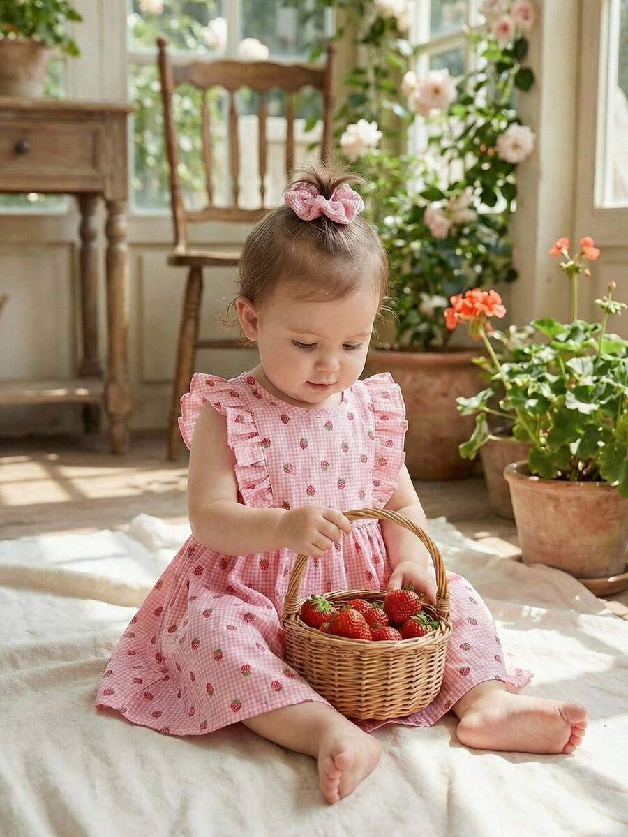Baby GirlSweet Cute Pink & White Plaid Strawberry Print Woven Fabric Round Neck Drawstring Design Back Collar Open Water Drop Mushroom Button Decorative Cap Sleeve Knee-Length Dress Baby Girl Pink Summer Dress Strawberry Baby Dress Pink Strawberry Dress - Pink - View 1