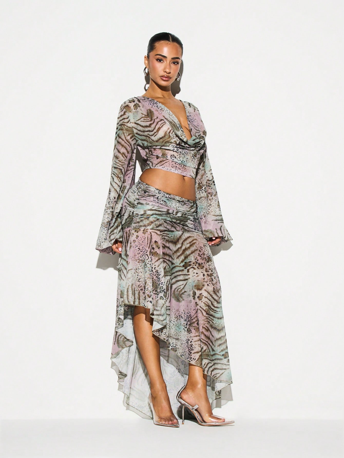 KIZN Spódnica z asymetrycznym dołem i marszczeniami w zwierzęcy wzór