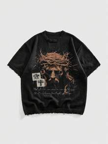 ROMWE MEN Street Life Men's Round Neck Printed Knit Top, Street Fashion - Black - View 1