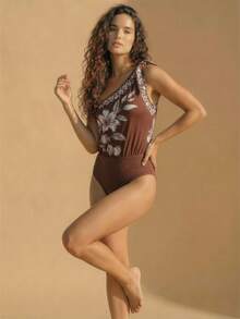 CAJUNI Women's Floral Print Twist Front Sleeveless Bodysuit, Vacation Style - Brown - View 6