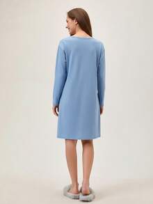 Loomlin Women Cotton Blue Grey HeartLettered Round Neck Printed Long Sleeve Pajama Dress Home House Sleeping Autumn Casual - Baby Blue - View 2