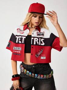 Tetris™ X SHEIN 女士字母数字印花单排扣休闲百搭日常短袖衬衫 - 紅色 - 查看 6