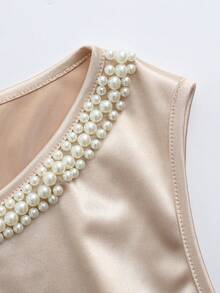SHEIN LUNE Vestido de punto con cuello redondo decorado con perlas, elástico y brillante, ajustado, que ciñe la cintura con silueta evasé, vestido elegante y de moda, para primavera y verano. Adecuado para uso diario, bodas, banquetes, viajes diarios, fiestas de graduación, eventos festivos y vacaciones. - Champán - Ver 8
