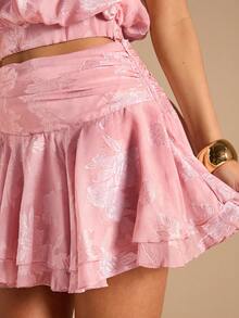 SHEIN BAE Spring/Summer Women's Pink Jacquard Halter Neck Sleeveless Top & Pink Skirt, Elegant Refined 2-Piece Set, Pink Jacquard 2-Piece Set, Sisters Gathering 2-Piece Set, Everyday Graceful Outings 2-Piece Set - Pink - View 7