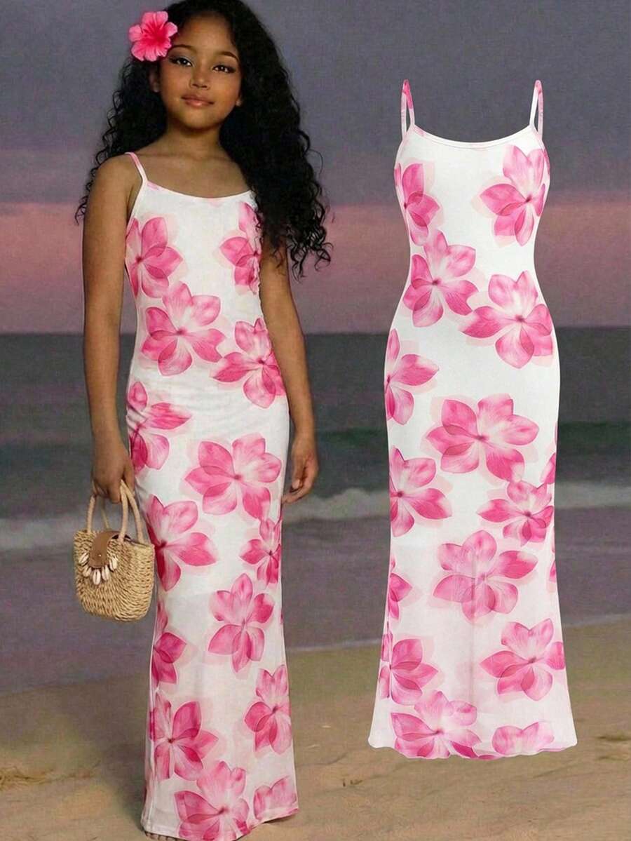 Tween Girls Tropical Floral Print Snug Fit Cami Dress - Pink - View 1