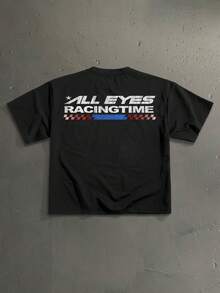 StoneGrade 复古美式赛车元素印花时尚黑色宽松短袖T恤，约会聚会必备，适合送给男友 - 黑色 - 查看 2