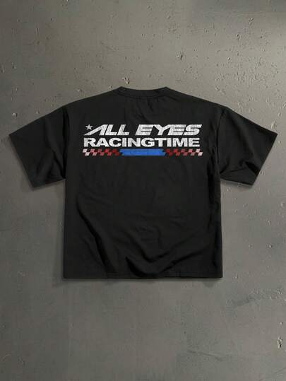 StoneGrade Retro American Racing Elements Typography Fashion Print Black Loose Fit Short Sleeve T-Shirt, Essential For Dates And Gatherings, Suitable As Gift For Boyfriend