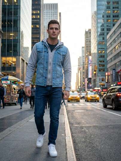 Chaqueta de mezclilla casual con capucha con cordón y manga larga de solapa única para hombres de talla grande para salir, ir a la universidad, vacaciones y calle en otoño