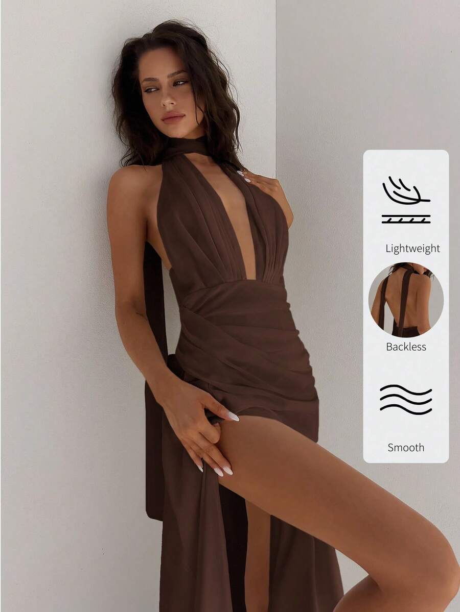 Aloruh Vestido con cuello en V profundo y espalda descubierta con faja drapeada para mujeres, vestido de fiesta de boda, vacaciones de verano de gasa con corte evasé