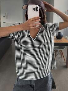 Livesso Women's V-Neck Striped Casual Versatile Daily Wear Short Sleeve T-Shirt - Black and White - View 1
