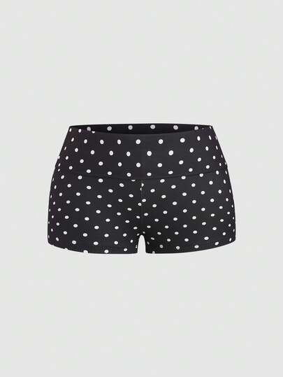 Sunnyshic Black Polka Dot Print Low Waist Fold Waist Tight Short Leggings, Women's Spring/Summer , Suitable For Vacation, Beach, Retro, Commute, Elegant Outings, Dating, Minimalist, Academic, Daily Versatile