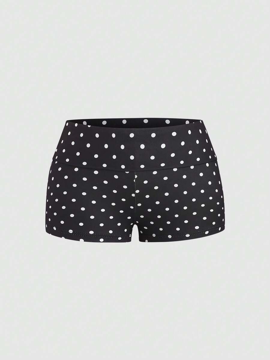 Sweetra Quần legging ngắn bó sát cạp thấp, in chấm bi đen, kiểu gập eo, dành cho nữ mùa xuân/hè, thích hợp cho kỳ nghỉ, bãi biển, phong cách retro, đi làm, dạo phố thanh lịch, hẹn hò, phong cách tối giản, học đường, mặc hàng ngày. - màu đen - Xem 1