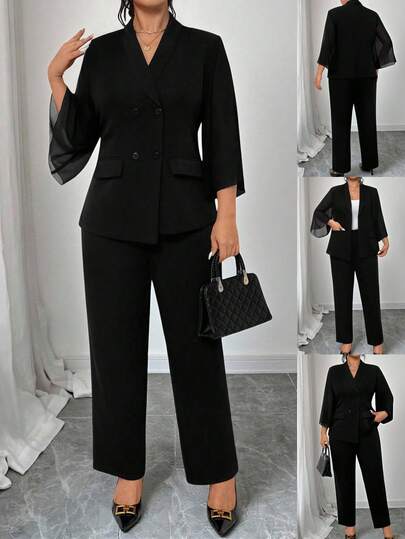 Elenzga Plus Size Women Solid Color Shawl Collar Double Breasted Jacket And Pants Elegant Commuter 2 Pieces Set Women's Suits Suits For Woman Set Pant Suit Set Plus