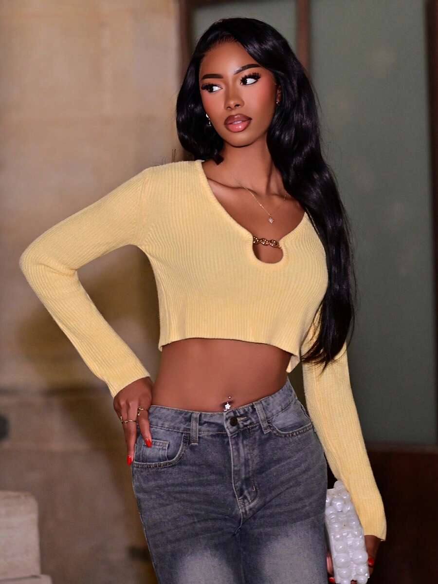 Mima John Women's Deep V-Neck Long Sleeve Cropped Fitted Sexy Sweater, Autumn/Winter - Yellow - View 1